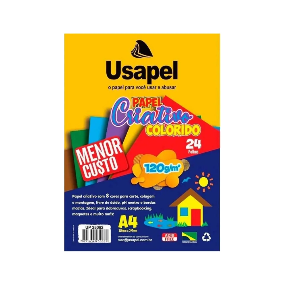 PAPEL A-4 CRIATIVO COLOR 120G C/ 8 CORES 24 FLS 25062 USAPEL
