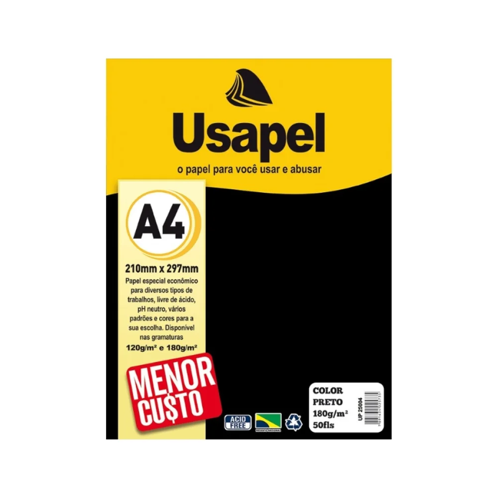 PAPEL COLOR A-4 180G PRETO C/ 50 FLS 25004 USAPEL