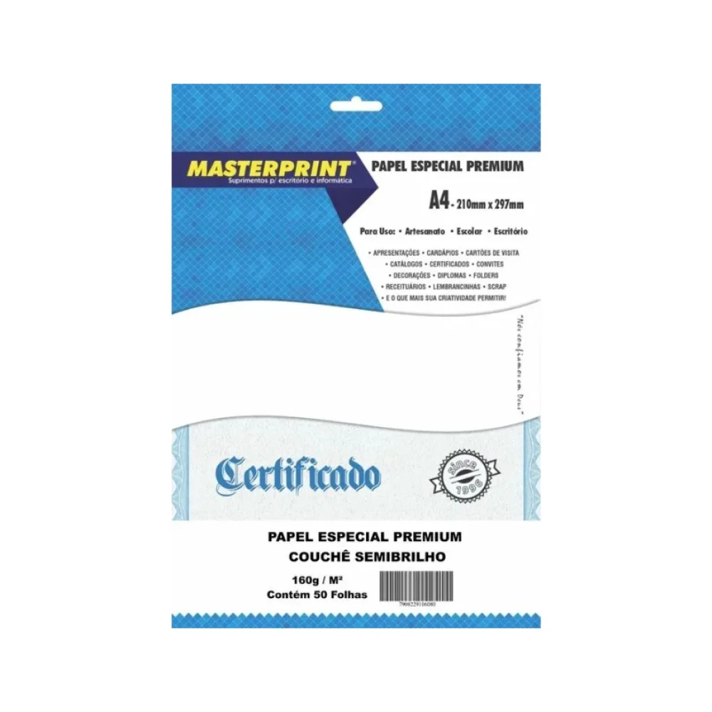 PAPEL A-4 COUCHE SEMI BRILHO 160G BRANCO C/ 50 FLS MASTERPRINT