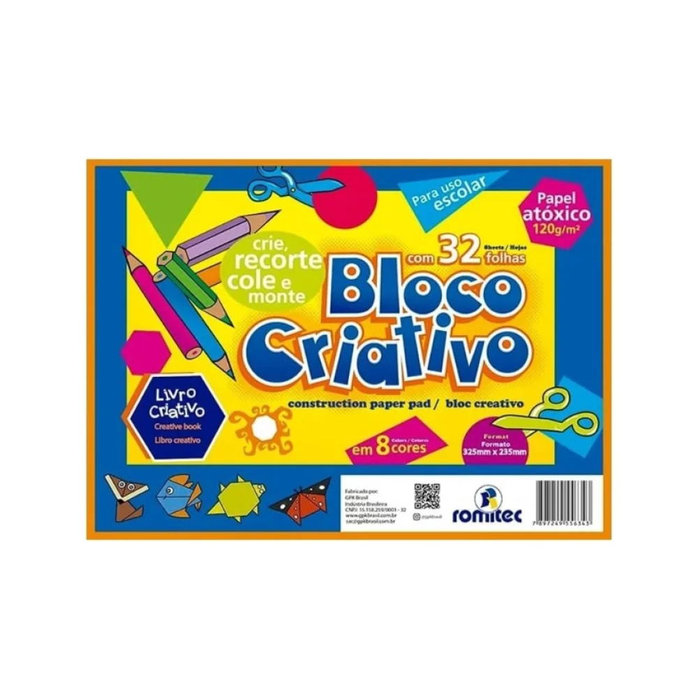 PAPEL CRIATIVO 325 X 235 MM 120G COLOR 8 CORES C/ 32 FLS ROMITEC