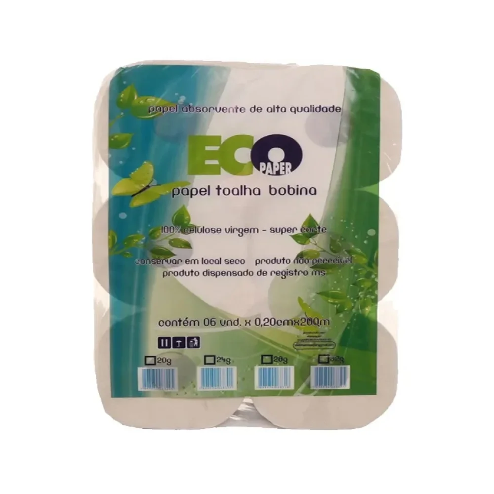 PAPEL TOALHA BOBINA 20 CM X 200 M 28G BRANCO C/ 6 RLS ECOPAPER