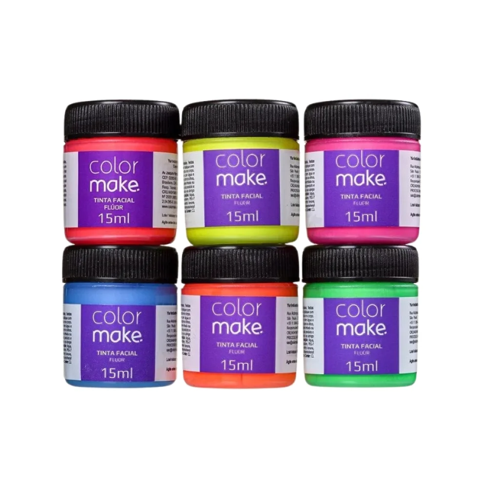 PINTURA FACIAL C/ 6 CORES NEON 15ML + PINCEL MAKE