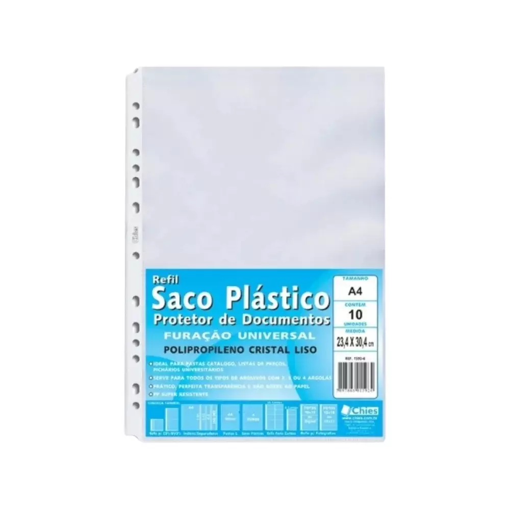 SACO PLÁSTICO A-4 FURO UNIVERSAL 13 FUROS C/ 10 1592 CHIES