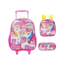 MOCHILA C/ RODINHA MEDIA UNICORNIO + LANCHEIRA E ESTOJO XERYUS
