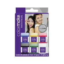 PINTURA FACIAL C/ 6 CORES 15ML + PINCEL E GLITER MAKE