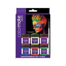 PINTURA FACIAL C/ 6 CORES NEON 15ML + PINCEL MAKE