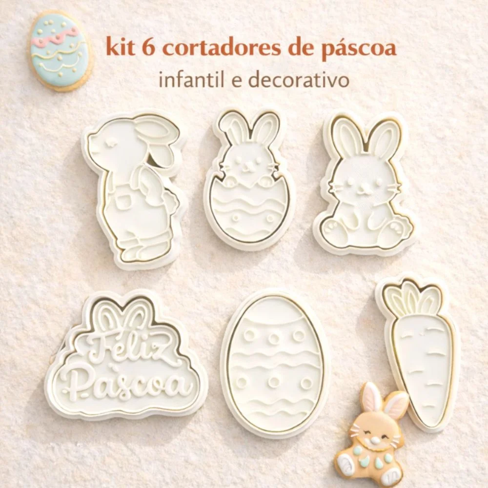 Kit 6 Cortadores de Biscoito Páscoa Cortador Pasta Americana Massinha com Marcador