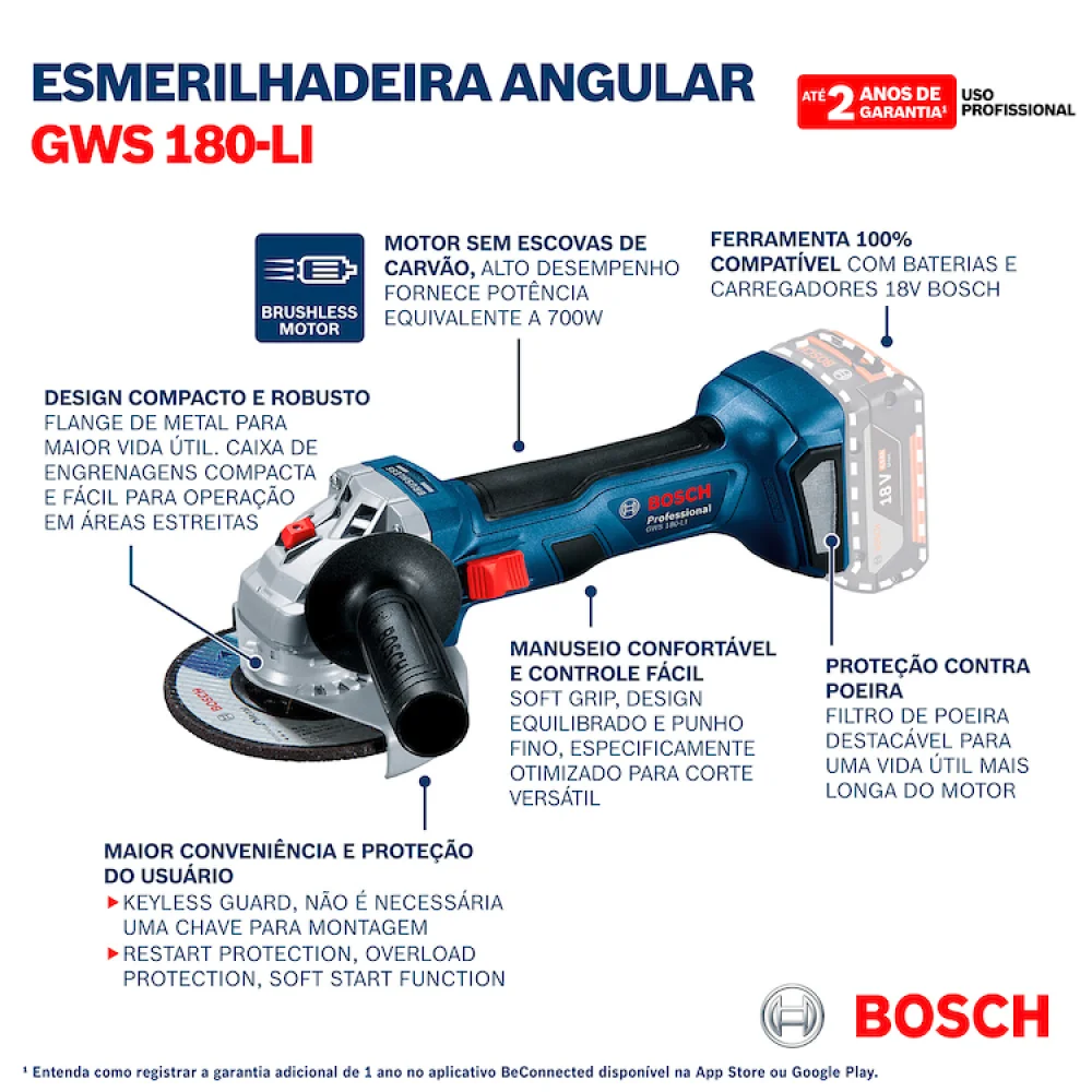 ESMERILHADEIRA 2BAT GWS180  5" 18V BOSCH 220V .