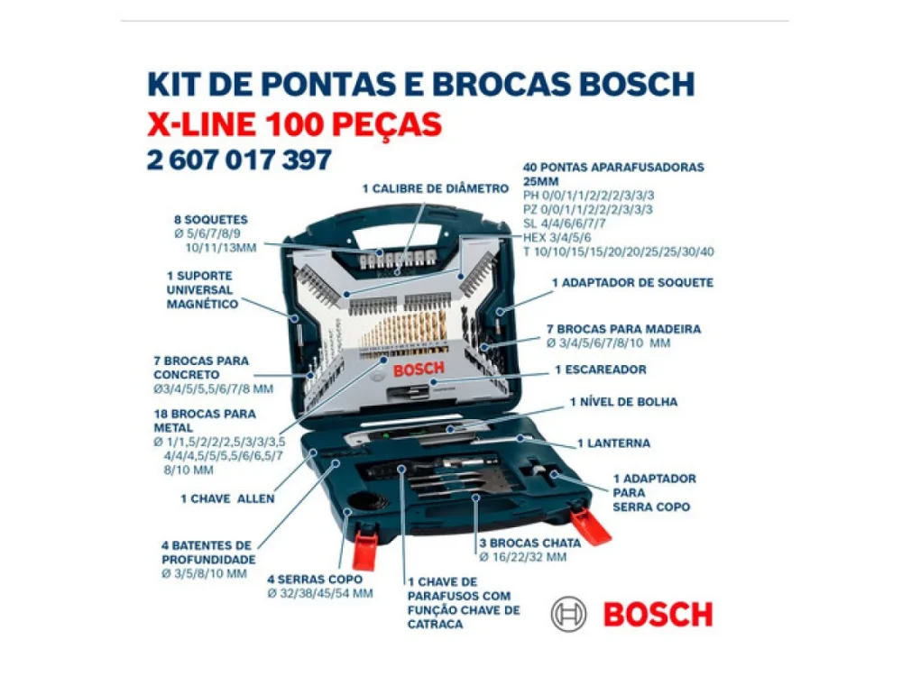 Kit de Brocas e Pontas X-Line Titânio 100Pçs BOSCH