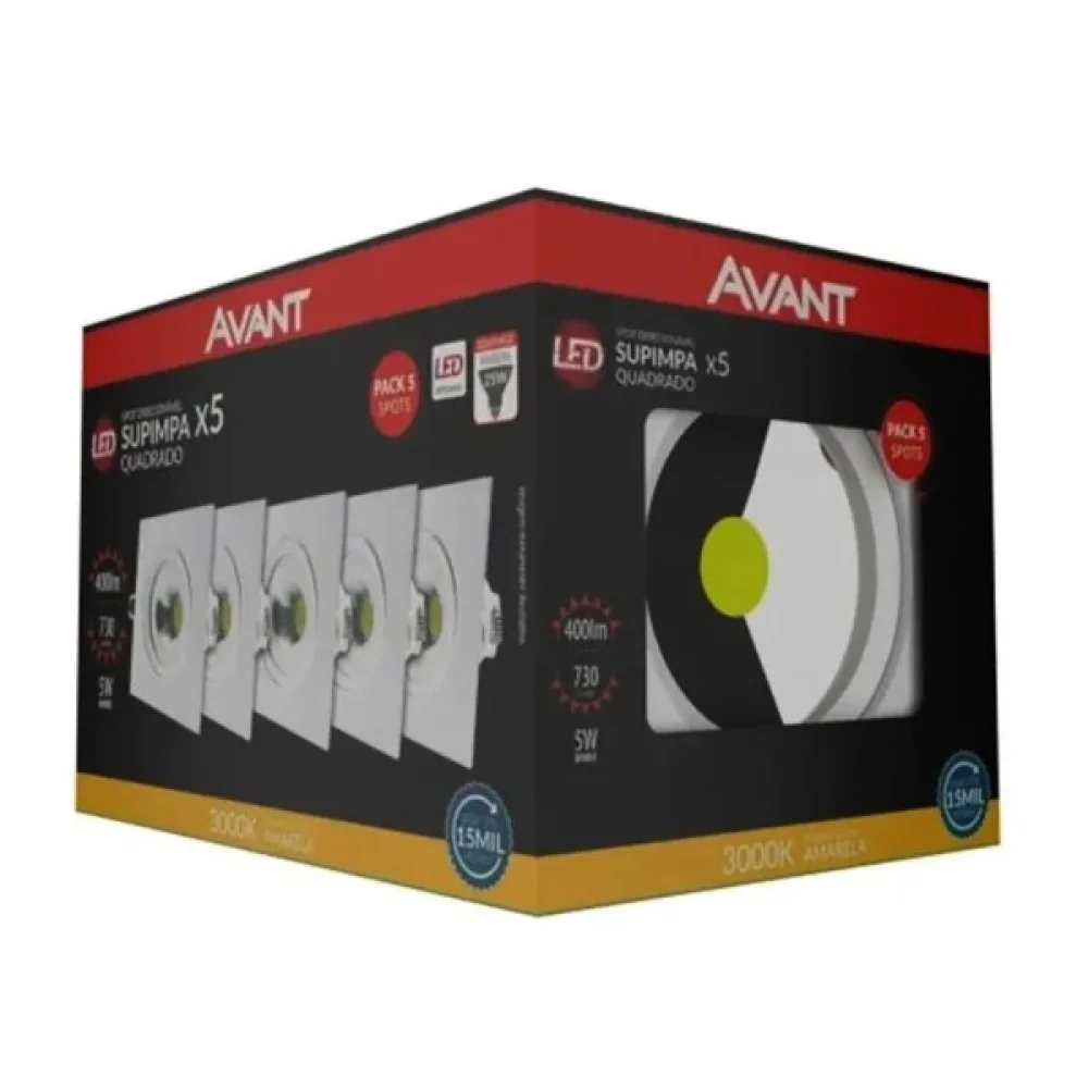 Kit 5 Spot Quadrado de Embutir Supimpa Led 5W Branco 3000K AVANT