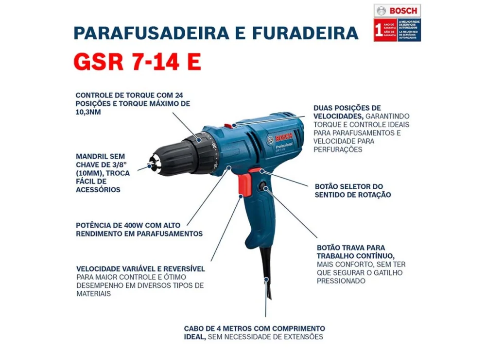 Parafusadeira/Furadeira GSR7-14E 400W BOSCH