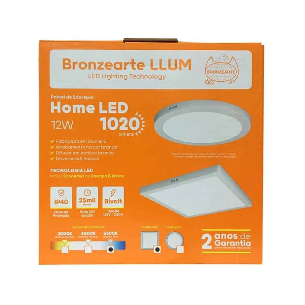 Plafon de Led de Sobrepor 12W Bivolt 6500K Quadrado Branco BRONZEARTE