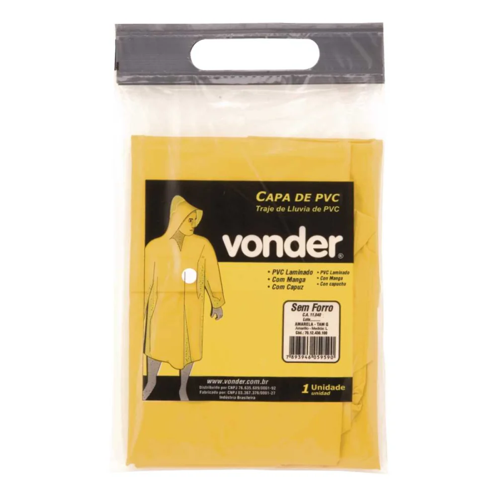 CAPA PARA CHUVA DE PVC LAMINADO, COM FORRO, 1.10 M, AMARELA, G, C.A 36254 - VONDER