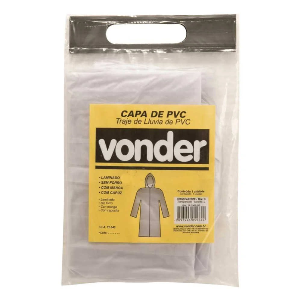 CAPA PARA CHUVA DE PVC LAMINADO, SEM FORRO, 1.10 M, TRANSPARENTE, G, C.A 11040 - VONDER