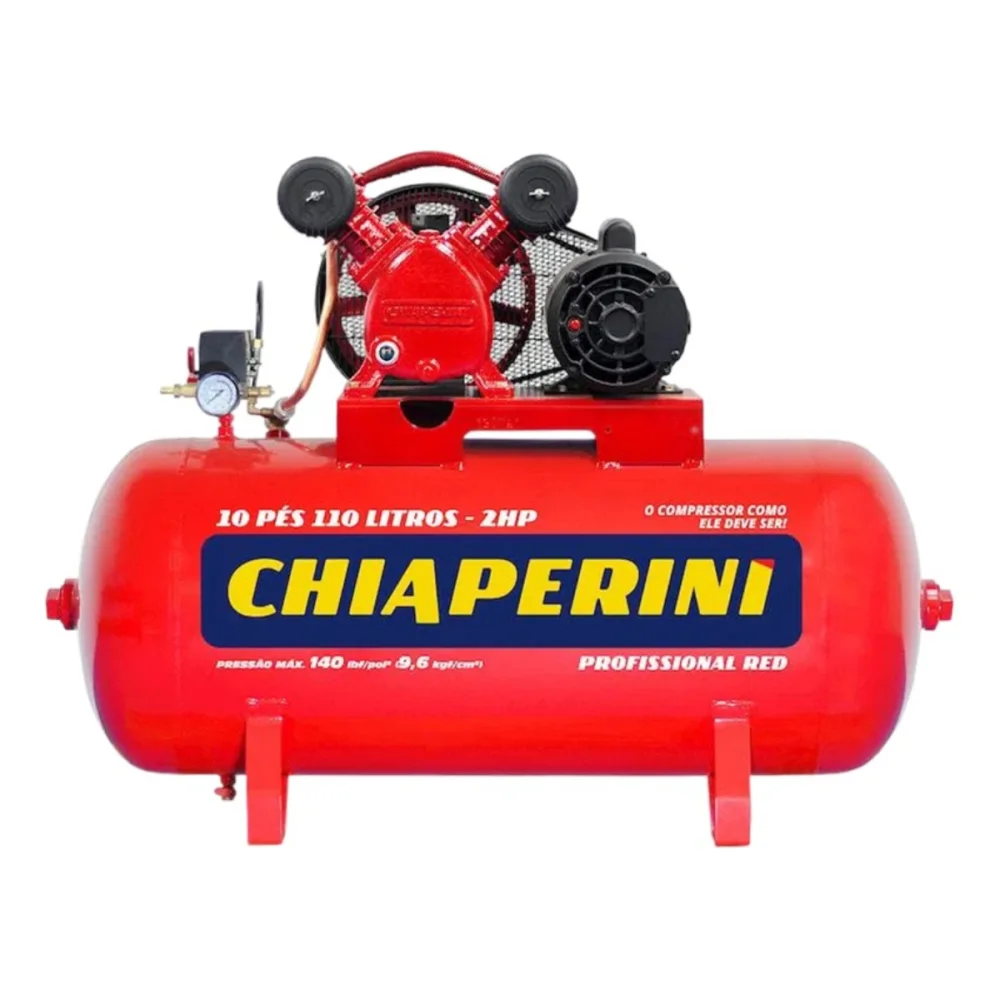 COMPRESSOR DE AR 10 PÉS 110 LITROS 140 LBS MONOFÁSICO 110/220V  10/110 RED- CHIAPERINI