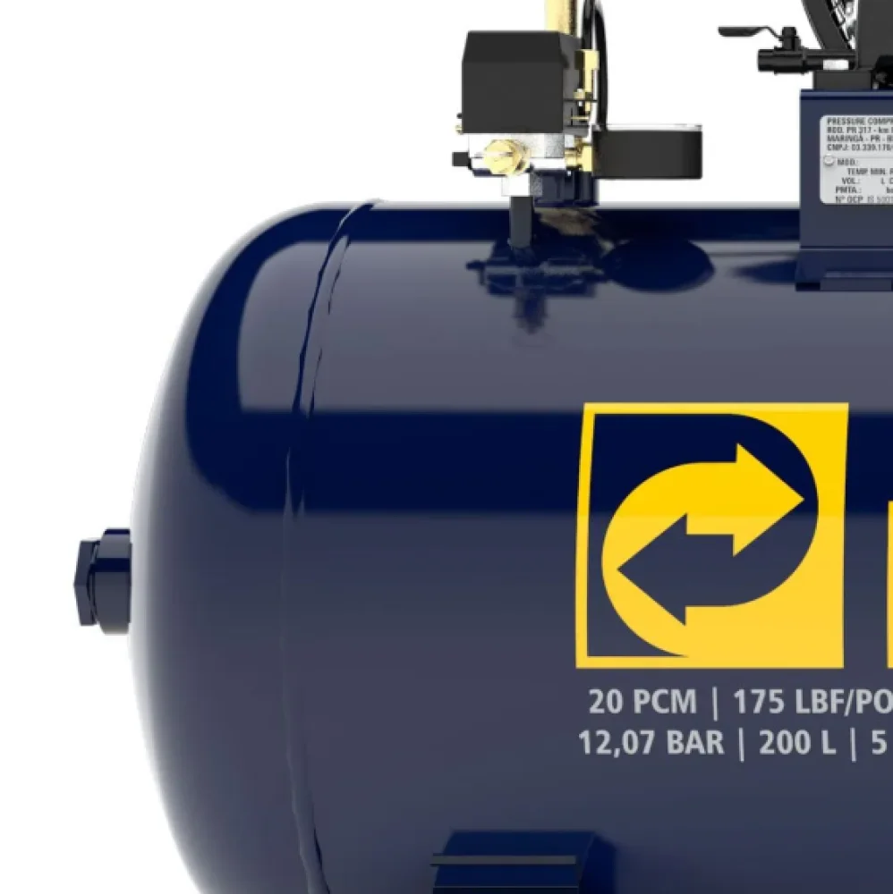 COMPRESSOR DE AR 20 PÉS 200L 175 PSI TRIFÁSICO 220/380V PRESSURE