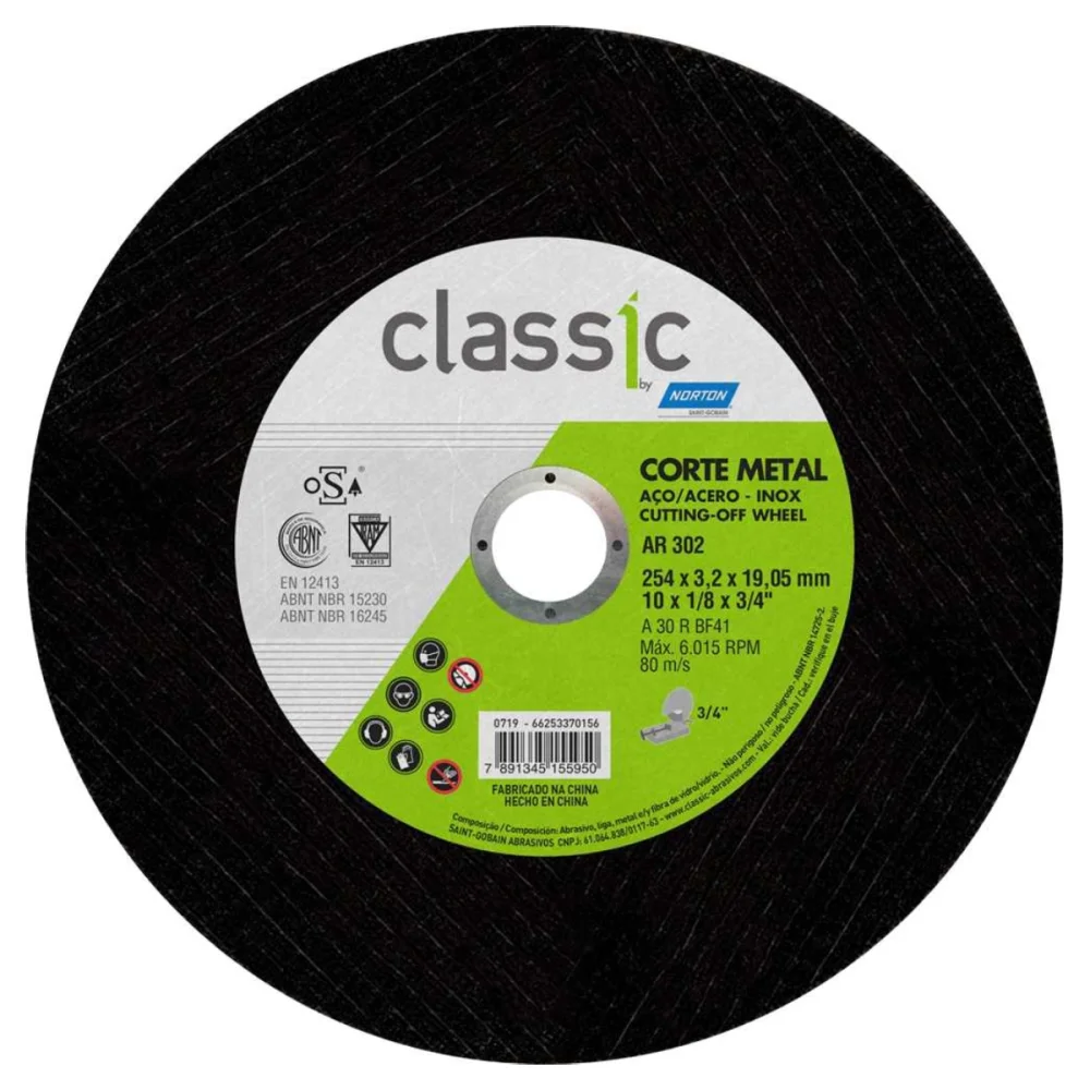 DISCO DE CORTE 10" X 1/8" X 3/4" PARA METAL AR302 CLASSIC - NORTON