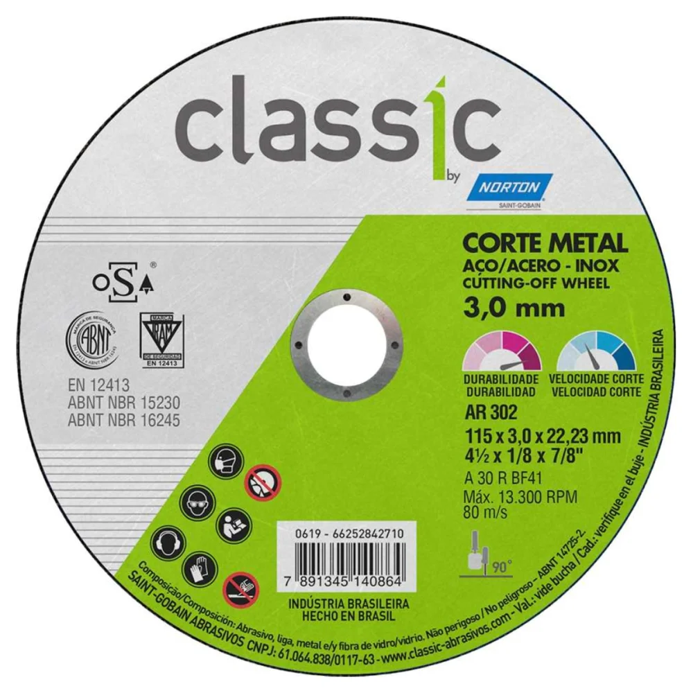 DISCO DE CORTE  4.1/2" X 1/8" X 7/8" PARA METAL AR302 CLASSIC - NORTON