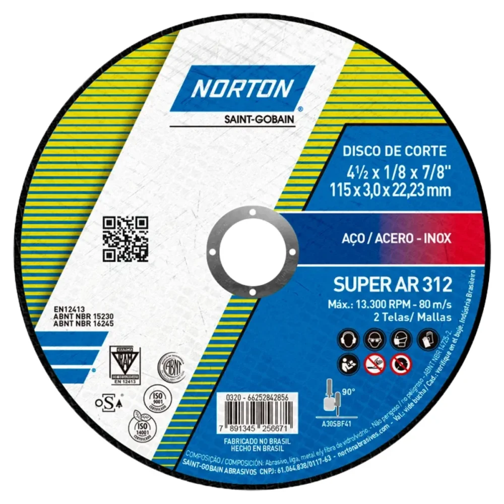 DISCO DE CORTE  4.1/2" X 1/8" X 7/8" PARA METAL (AR312) SUPER - NORTON