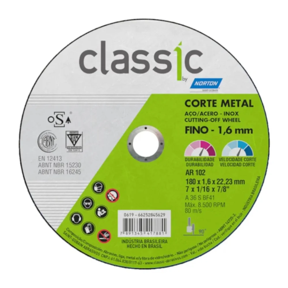 DISCO DE CORTE 7" X 1/16" X 7/8" (180 X 1,6 X 22,23 MM) AR102 CLASSIC - NORTON