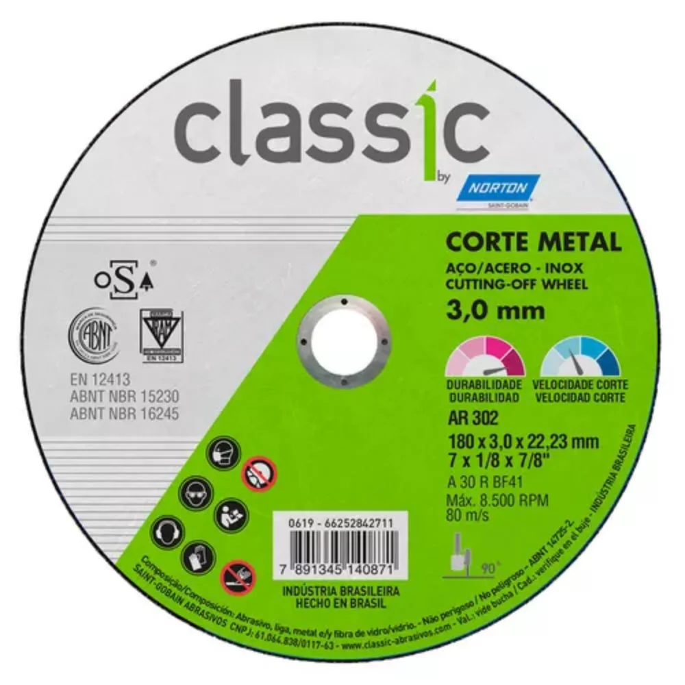 DISCO DE CORTE  7" X 1/8" X 7/8" PARA METAL AR302 CLASSIC - NORTON