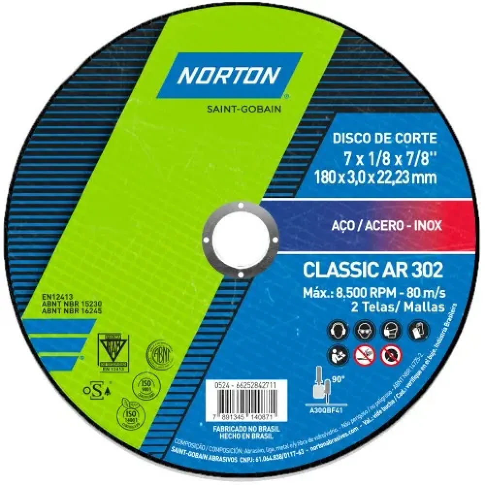 DISCO DE CORTE  7" X 1/8" X 7/8" PARA METAL AR302 CLASSIC - NORTON