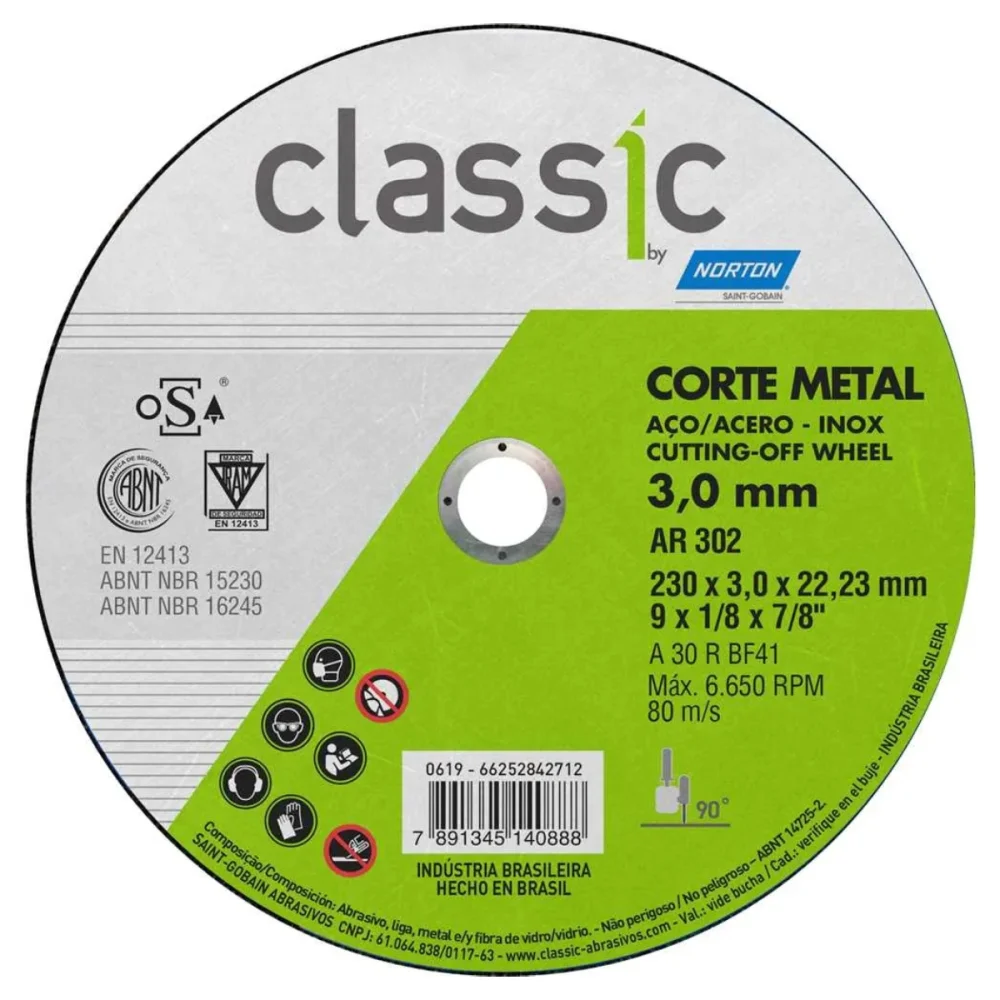 DISCO DE CORTE  9" X 1/8" X 7/8" PARA METAL AR302 CLASSIC - NORTON