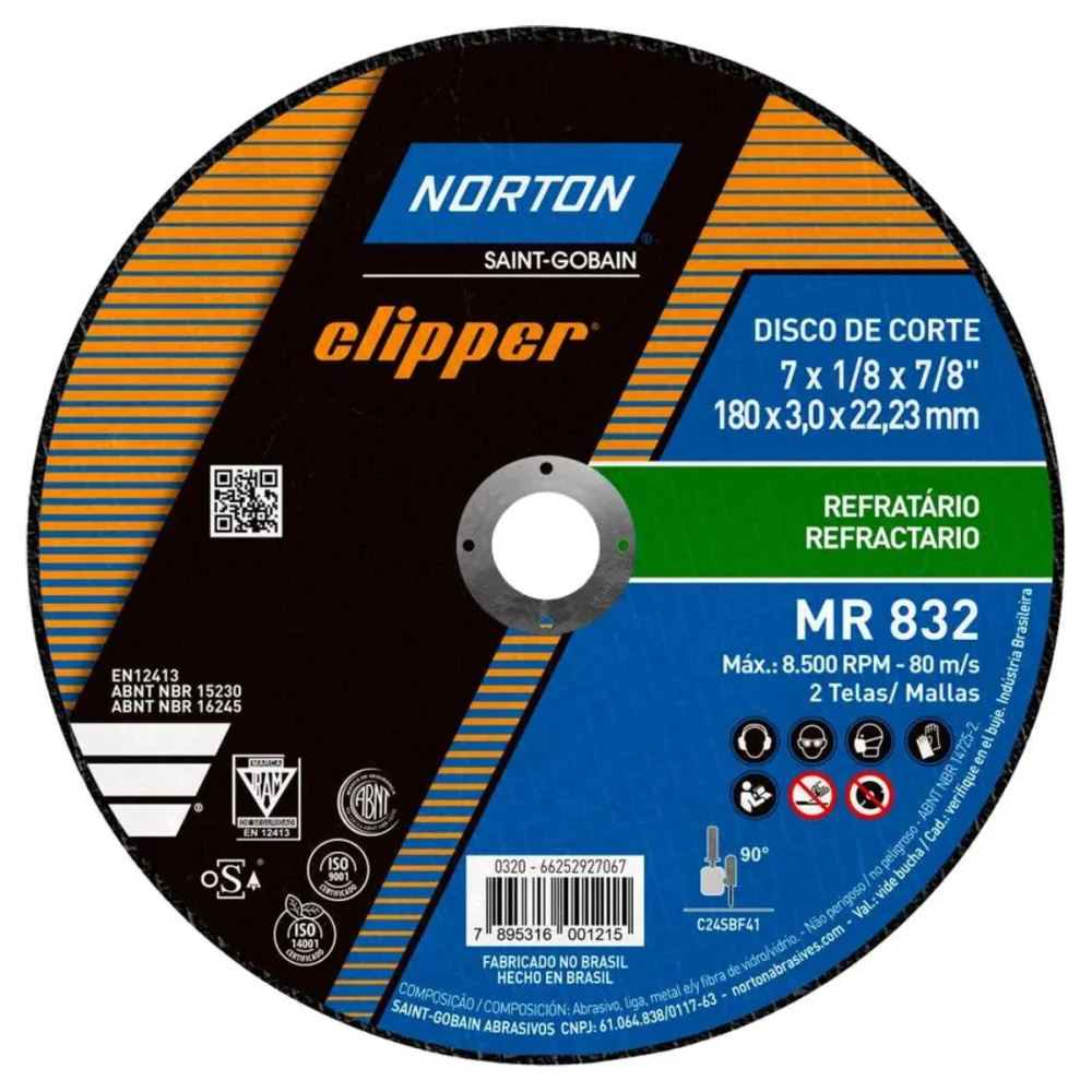 DISCO DE CORTE REFRATARIO 7" X 1/8" X 7/8" CLIPPER - NORTON