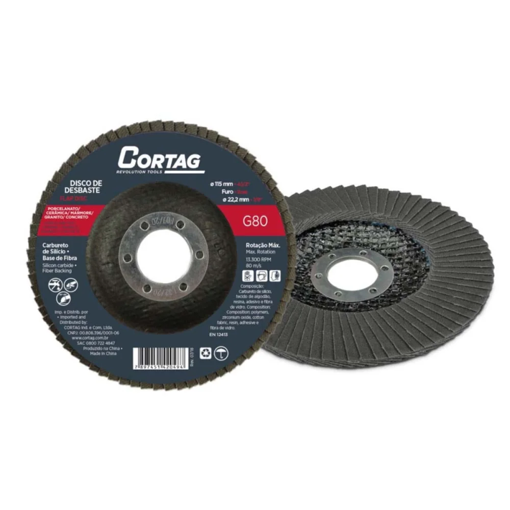 DISCO DE LIXA FLAP 4.1/2" (115 MM), CARBURETO DE SILÍCIO, GRÃO 80 - CORTAG