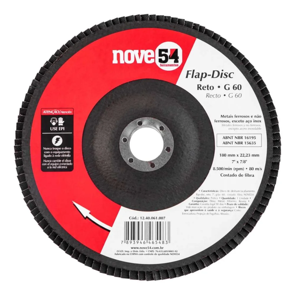 DISCO DE LIXA FLAP DISC RETO 7"  (180 MM) GRAO 60 COSTADO DE FIBRA - NOVE54