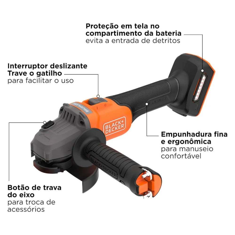 ESMERILHADEIRA ANGULAR  4.1/2" (115 MM) 20V BRUSHLESS BCG6L8B-B2 - BLACK&DECKER