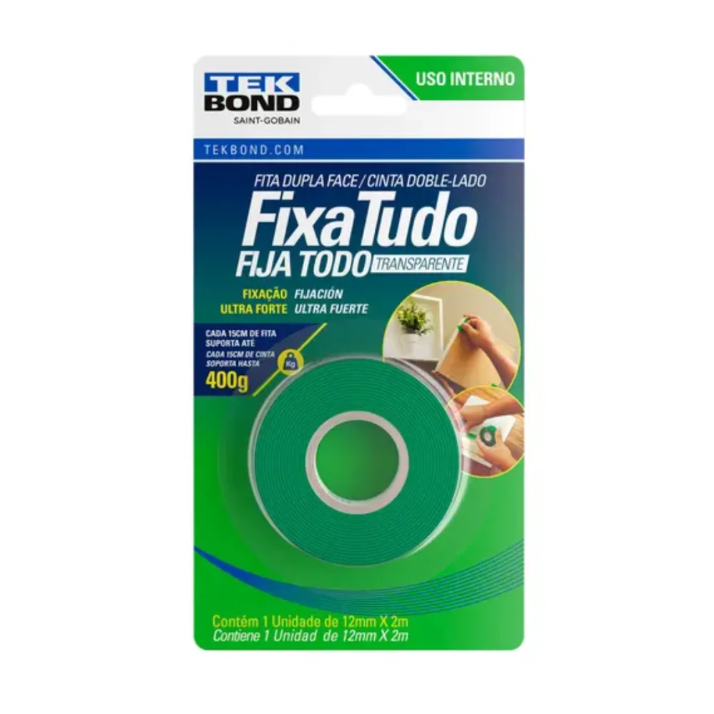 FITA DUPLA FACE USO INTERNO 12 MM X 2 M BLISTER - TEK BOND