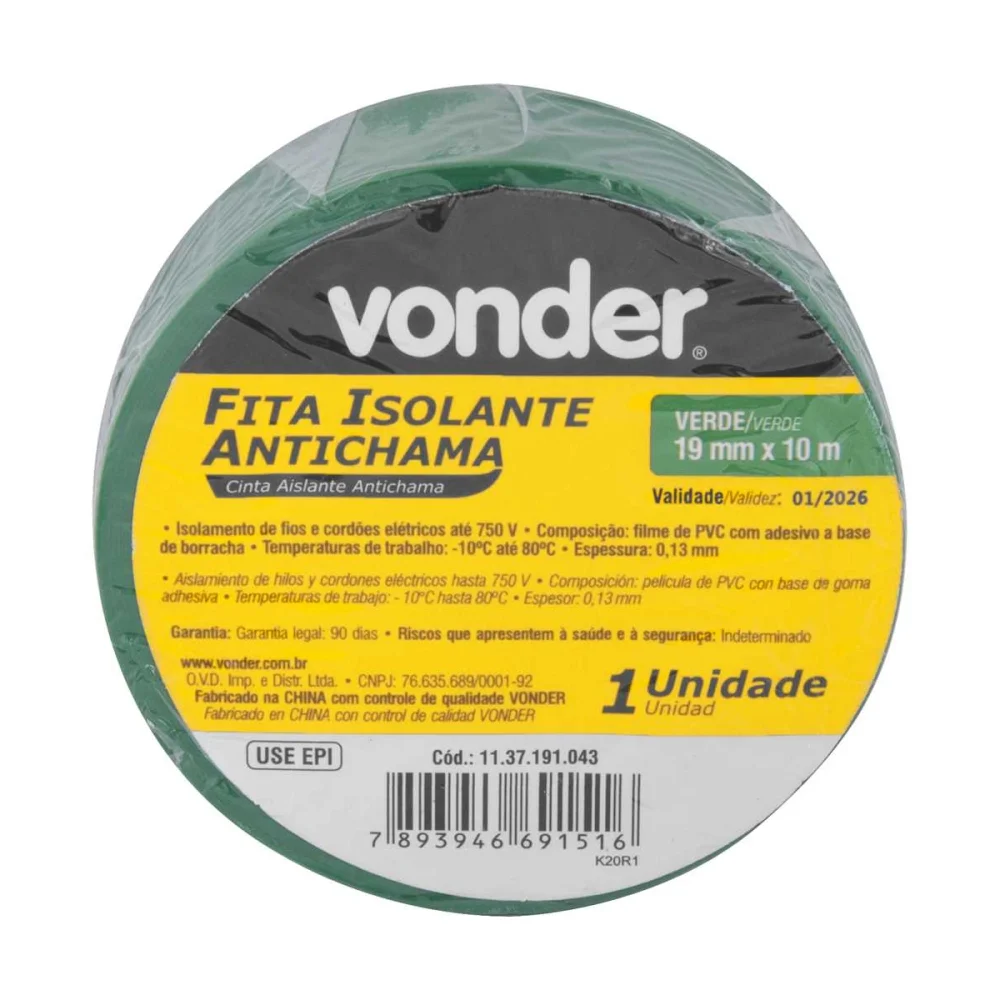 FITA ISOLANTE 19 MM X 10 M VERDE - VONDER