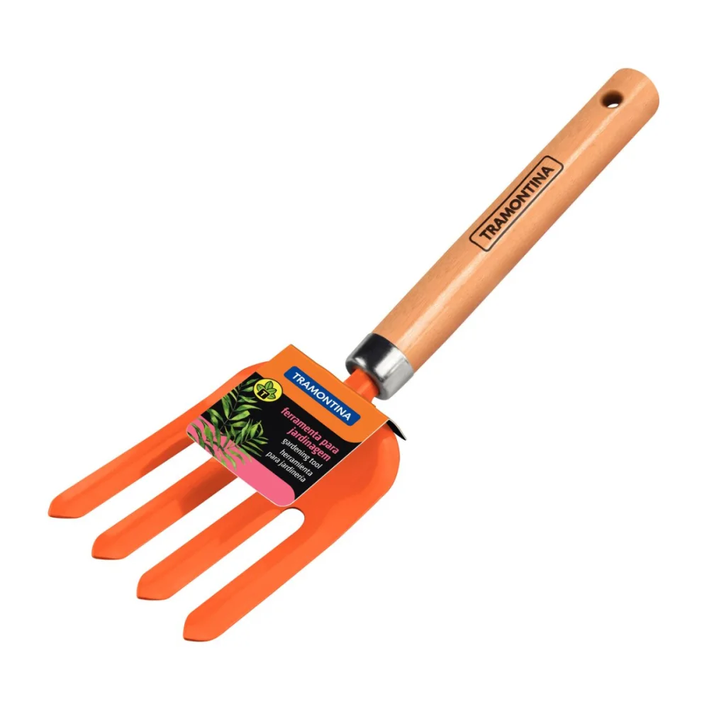 GARFO METÁLICO COM 4 DENTES PARA AFOFAR TERRA COM CABO MADEIRA - TRAMONTINA
