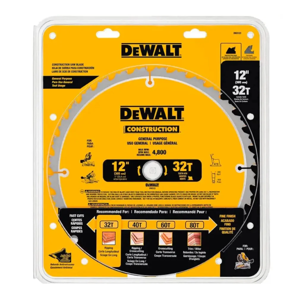 LAMINA DE SERRA CIRCULAR E ESQUADRIA 12" PARA MADEIRA COM 32 DENTES DW3123 - DEWALT