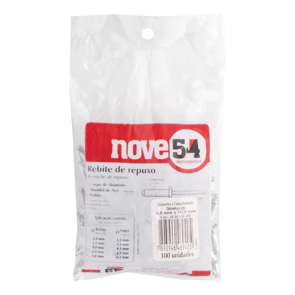 REBITE DE REPUXO EM ALUMÍNIO 4.0 X 10.0 MM, PACOTE COM 100 PEÇAS, POLIDO - NOVE 54