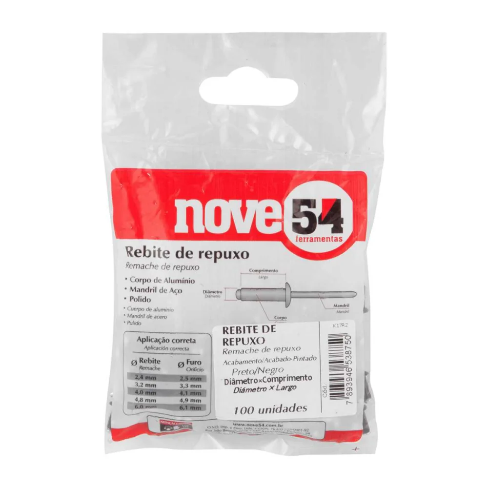 REBITE DE REPUXO EM ALUMÍNIO 4.0 X 12.0 MM, PACOTE COM 100 PEÇAS, PRETO - NOVE 54