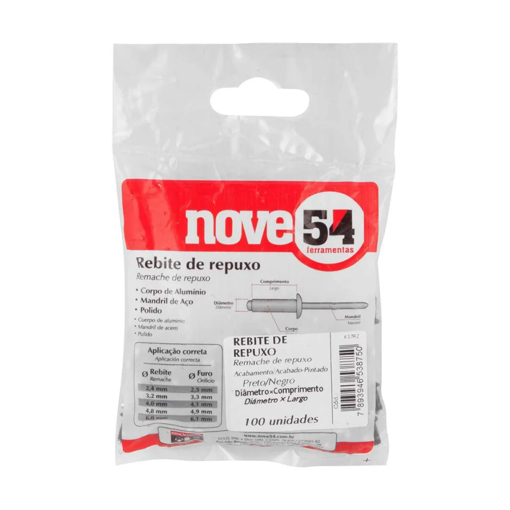 REBITE DE REPUXO EM ALUMÍNIO PRETO 3.2  X 10.0 MM, PACOTE COM 100 PEÇAS, POLIDO - NOVE 54