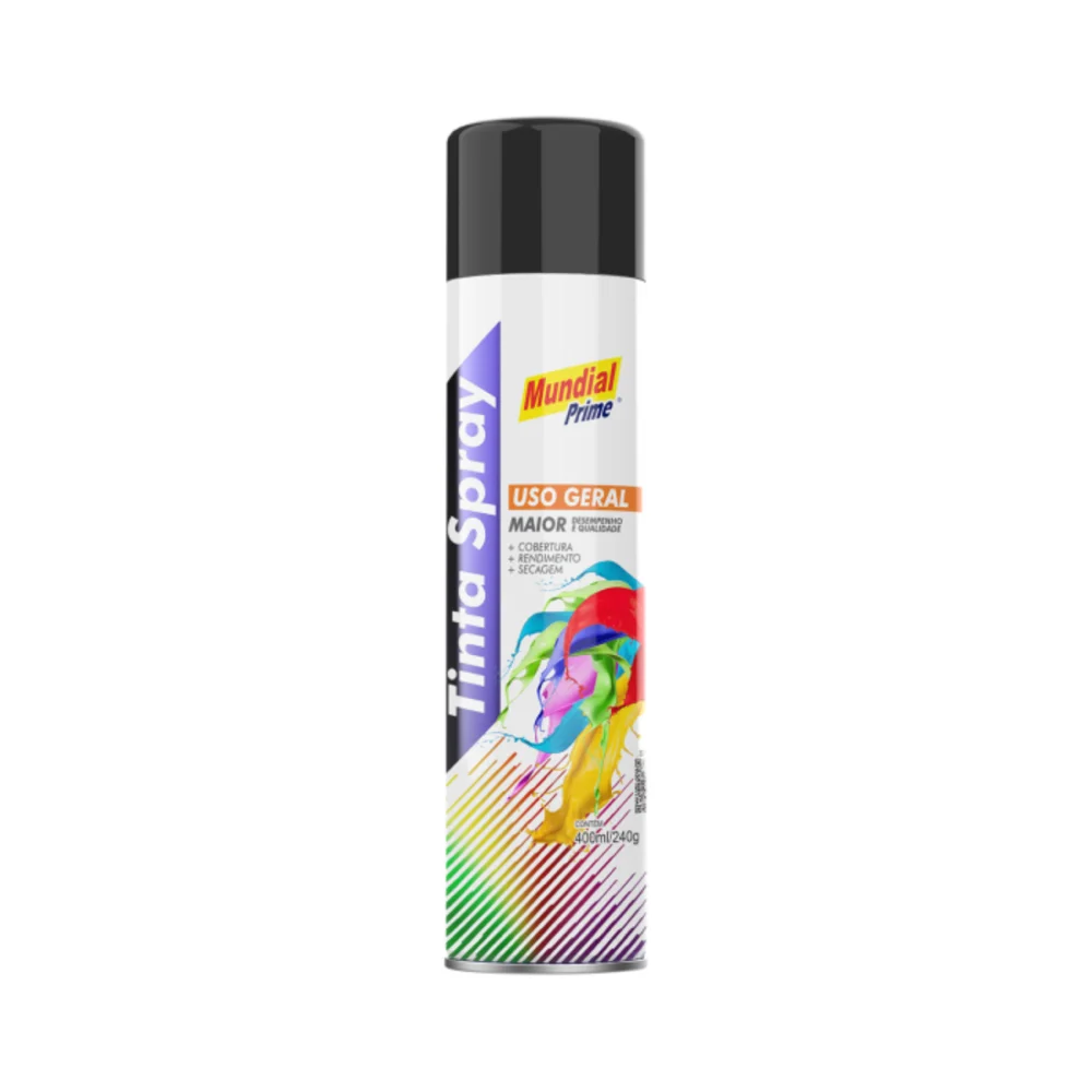 TINTA SPRAY PRETO BRILHANTE, 400 ML - MUNDIAL PRIME