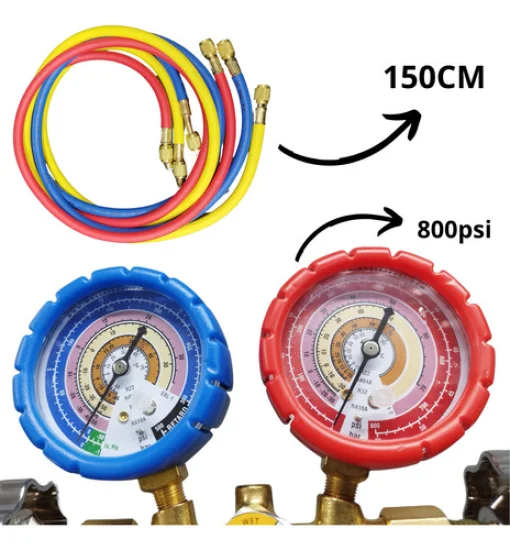 Conjunto Manifold importado [sem Engates] [Mangueira 1,5m] ate 800PSi para Gas R22, R404A, R32, R410A [Eco Tools]