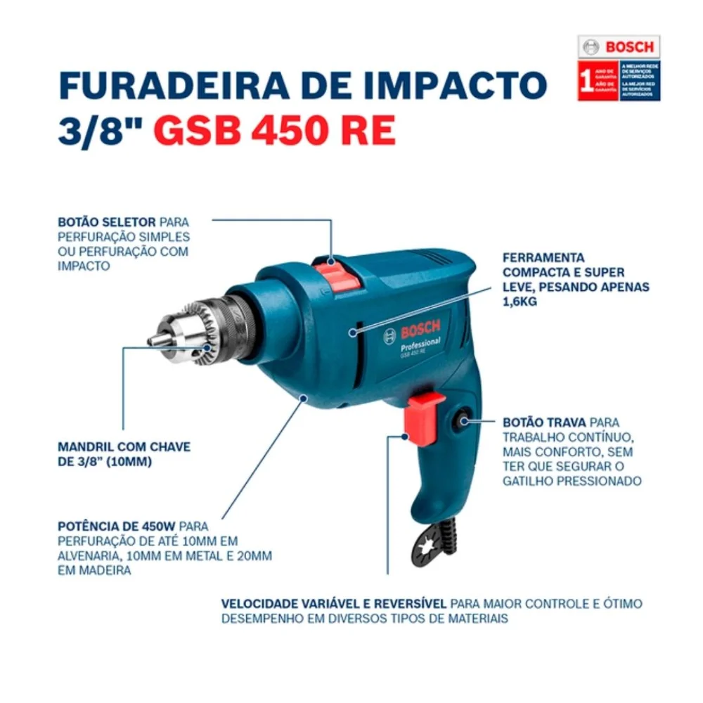 FURADEIRA DE IMPACTO GSB 450 RE 450W 220V + 3BROCAS
