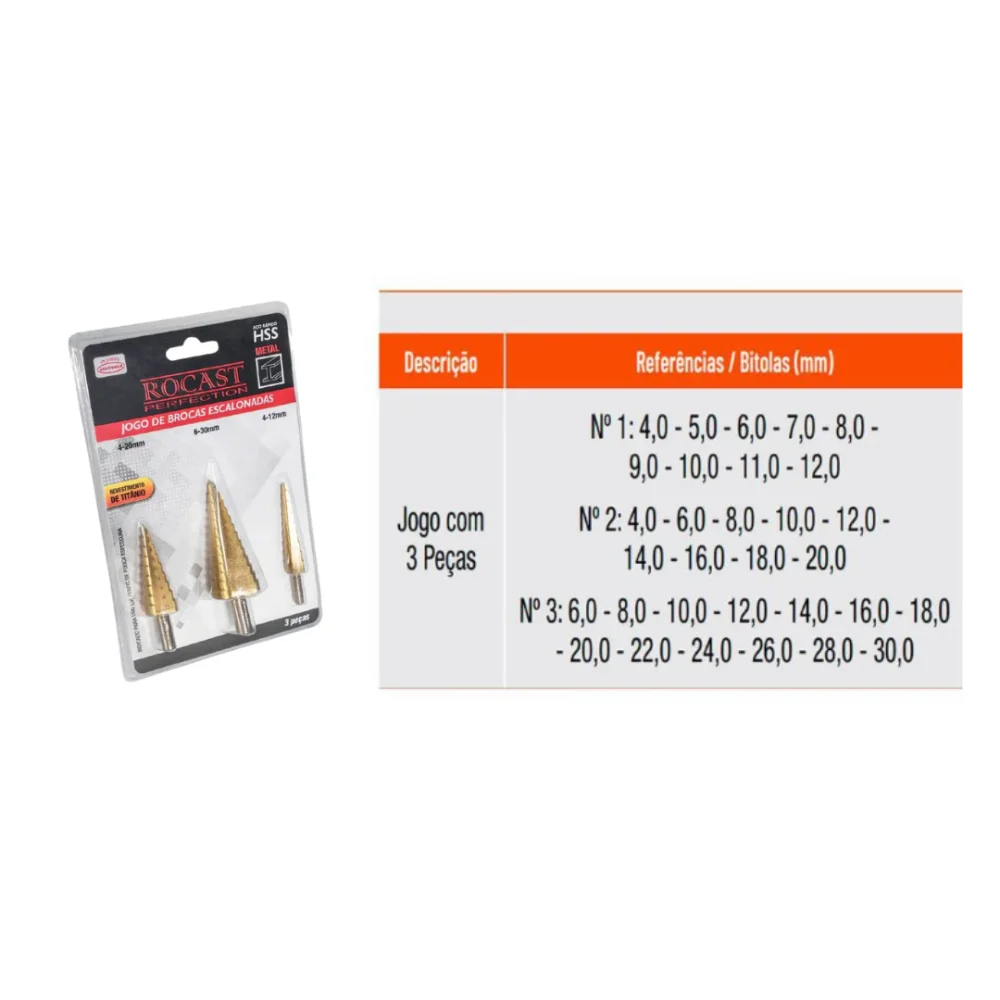 Jogo De Brocas Escalonadas Com 03 Peças Rocast