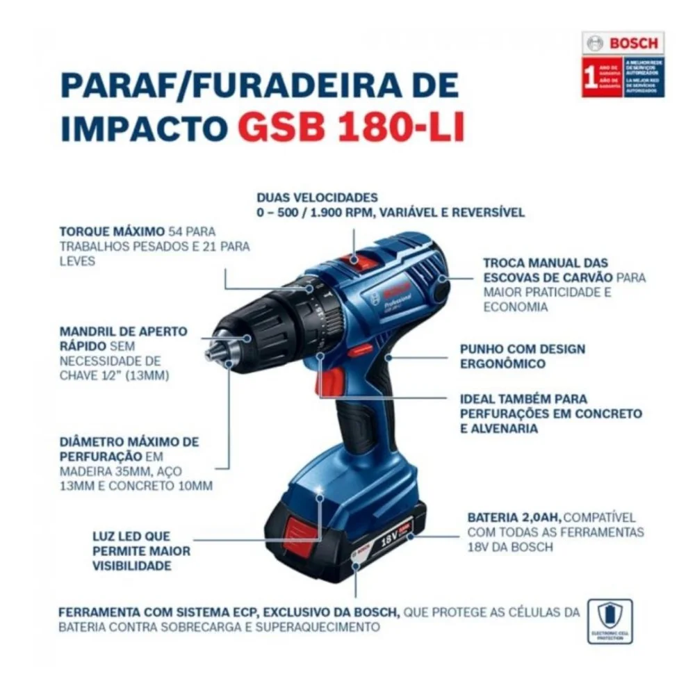 PARAFUSADEIRA FURADEIRA DE IMPACTO 18V GSB 180-LI A BATERIA