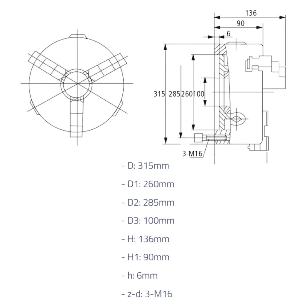 Placa para torno universal 3 castanhas 315mm Wtools