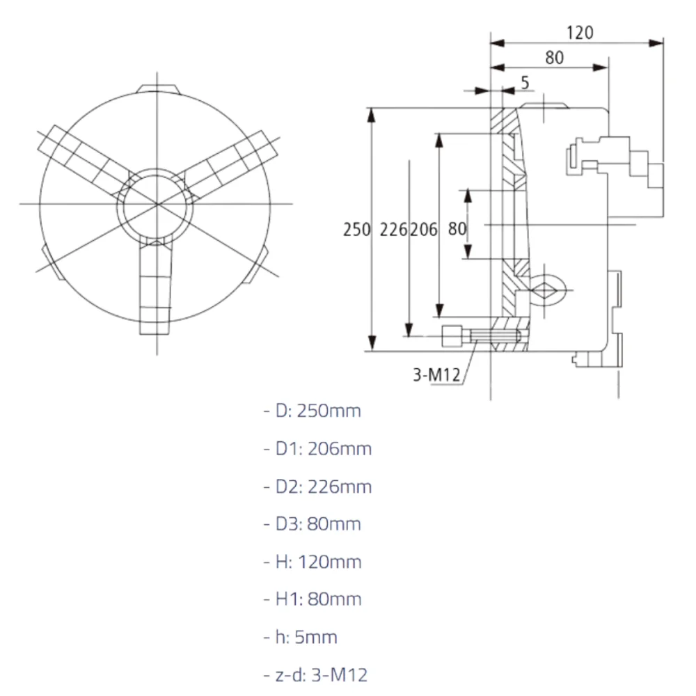 Placa para torno universal 3 castanhas 250mm Wtools
