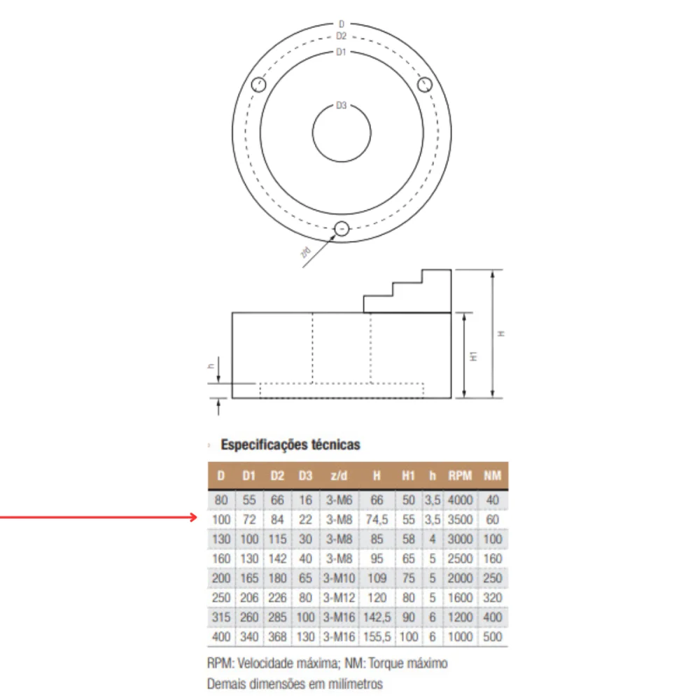 Placa para torno universal 3 castanhas 100mm Wtools