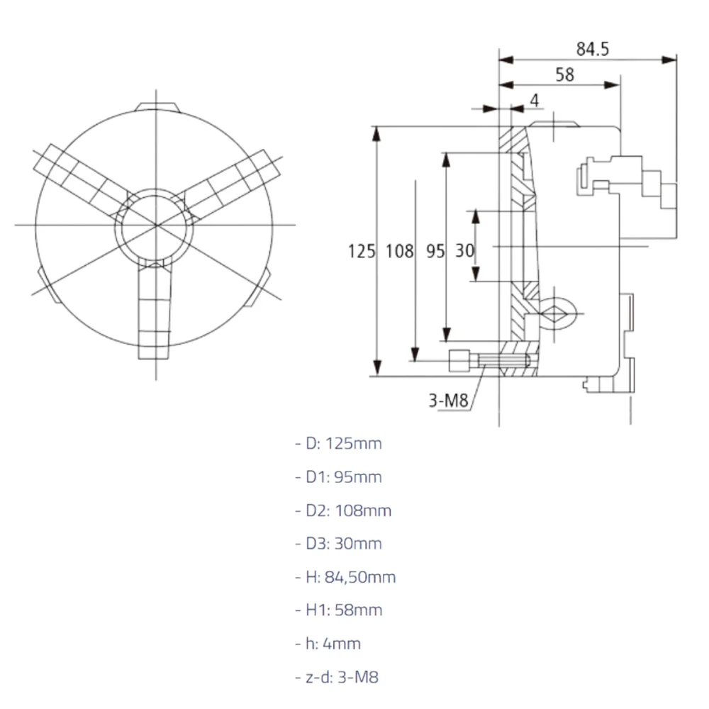 Placa para torno universal 3 castanhas 125mm Wtools