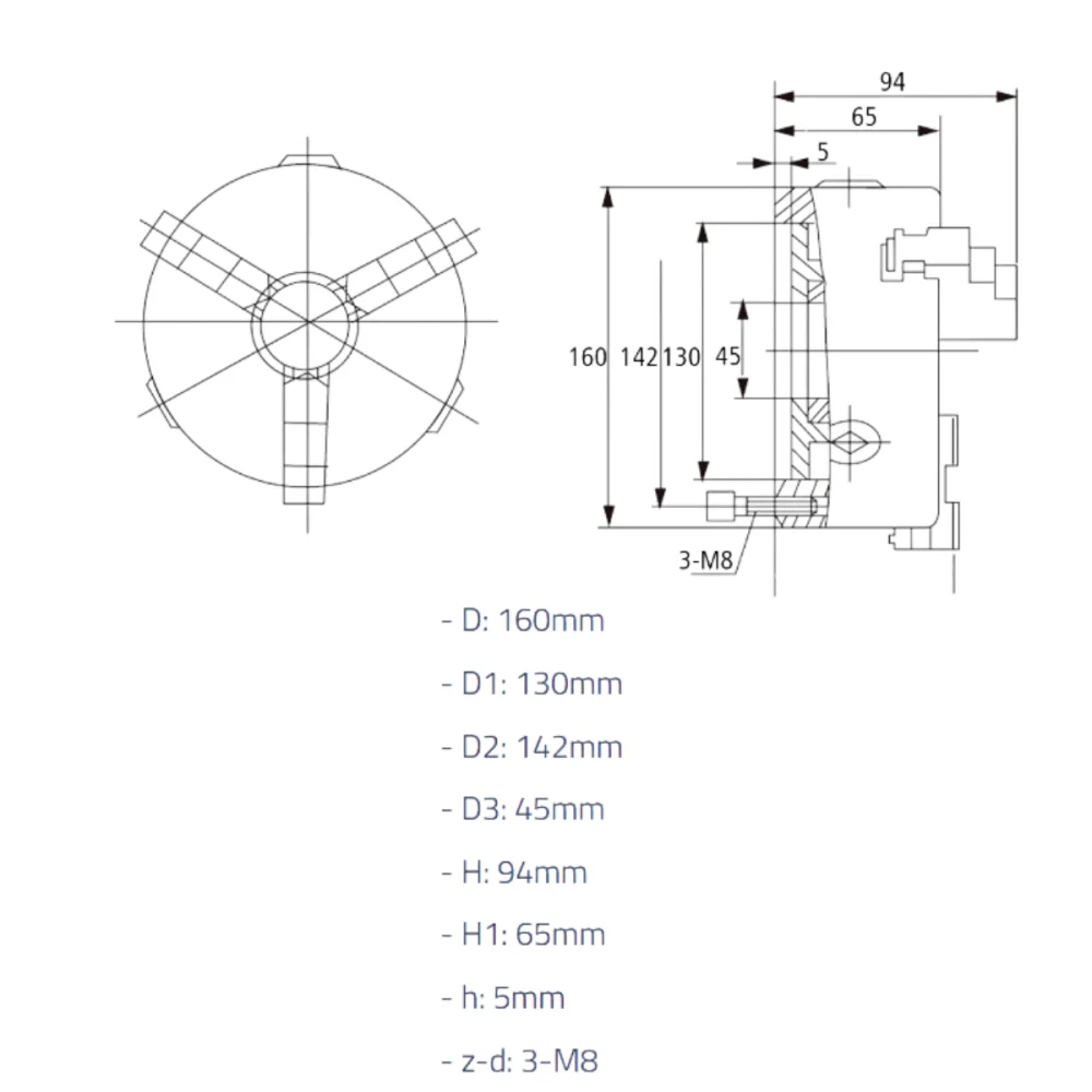 Placa para torno universal 3 castanhas 160mm Wtools