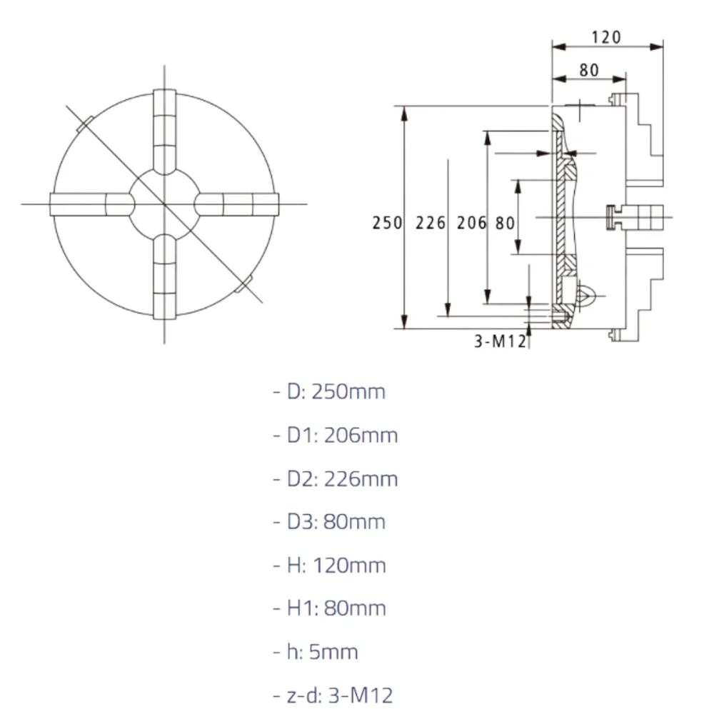 Placa para torno universal 4 castanhas 250mm Wtools